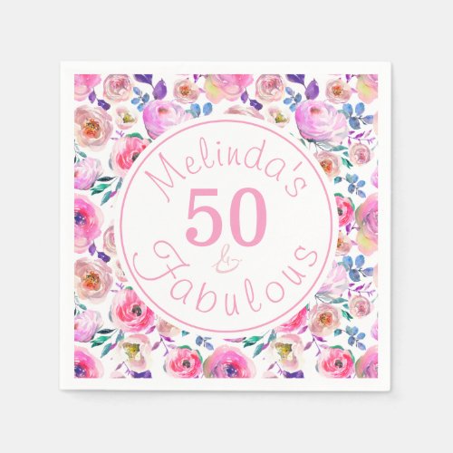 Pretty 50 and Fabulous Named Floral Birthday Party Napkins