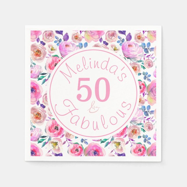 Pretty 50 and Fabulous Named Floral Birthday Party Napkins (Front)