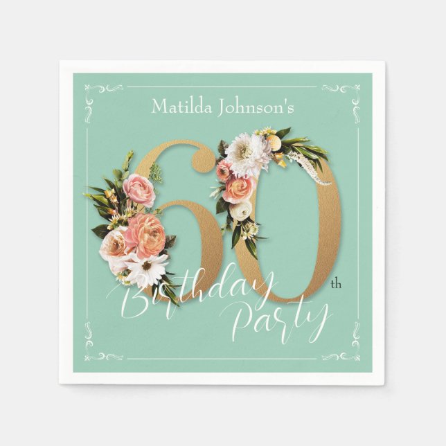 Pretty 60th Birthday Mint Gold Floral Glamorous Napkins (Front)