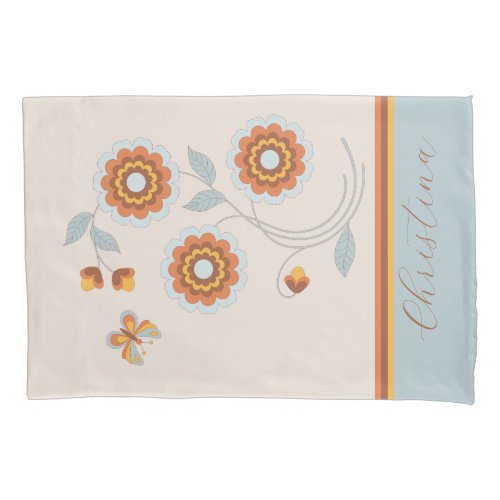 Pretty 70s Retro Blue_Orange_Yellow Flower Power Pillow Case