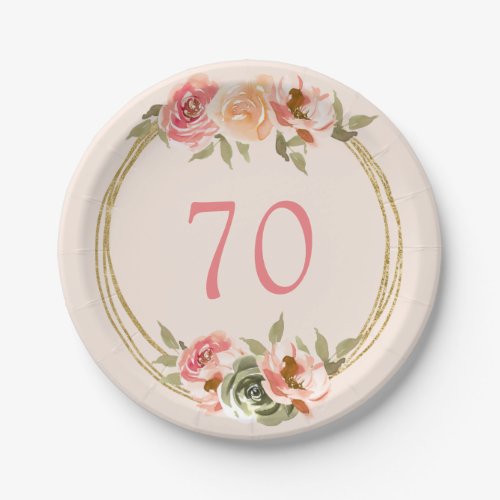 Pretty 70th Birthday Pink Gold Floral Paper Plate