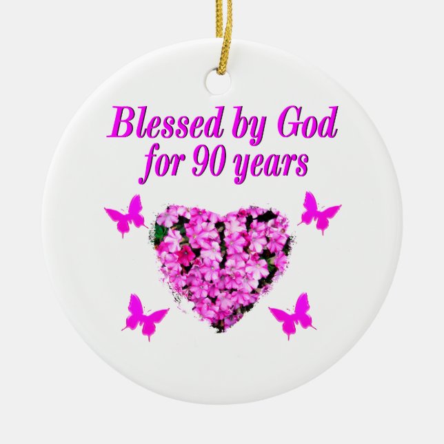 PRETTY 90TH BIRTHDAY FLORAL CERAMIC ORNAMENT (Front)
