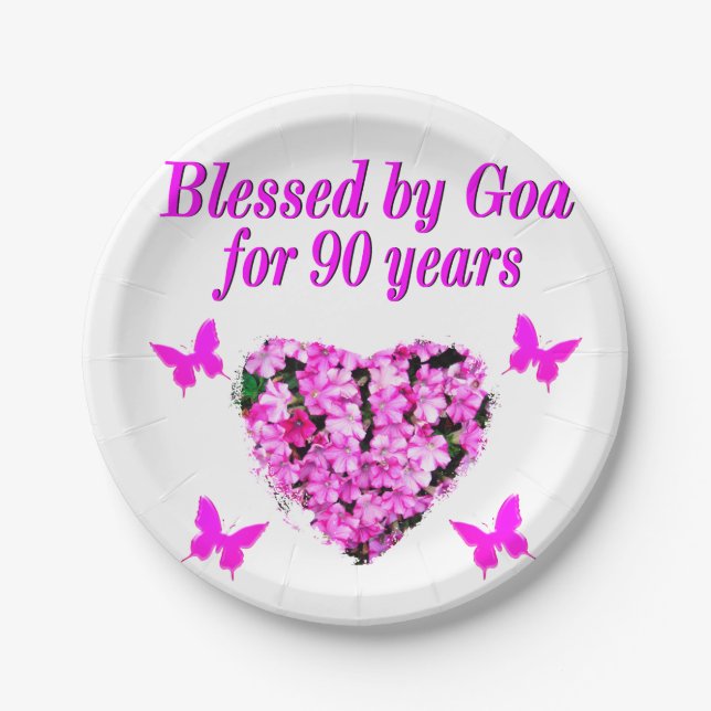 PRETTY 90TH BIRTHDAY FLORAL PAPER PLATES (Front)