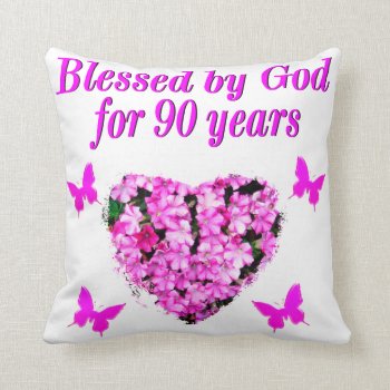 Pretty 90th Birthday Floral Throw Pillow by JLPBirthday at Zazzle