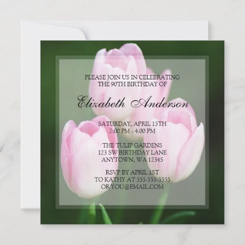 Pretty 90th Birthday Pink Tulips Party Invite