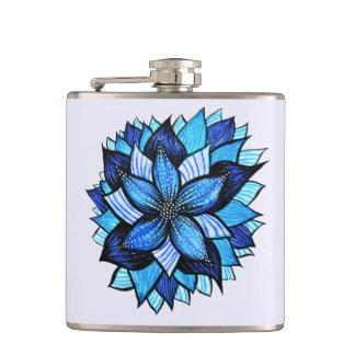 Pretty Abstract Blue Mandala Like Flower Drawing Hip Flask