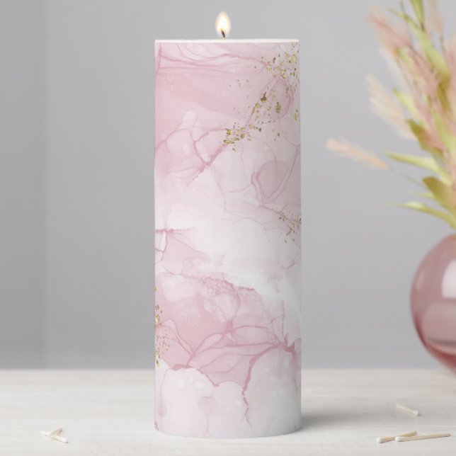 Pretty Abstract Blush Pink Gold Marble Design Gift Pillar Candle (In Situ)