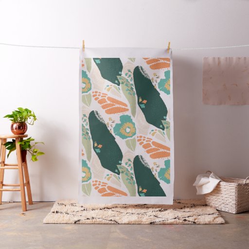 Pretty Abstract Floral Pattern Aqua Green Orange Fabric