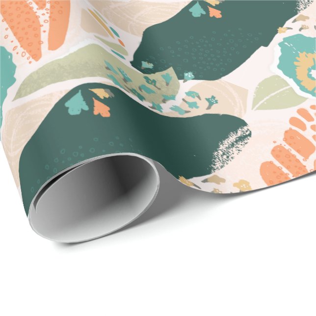 Pretty Abstract Floral Pattern Aqua Green Orange Wrapping Paper (Roll Corner)