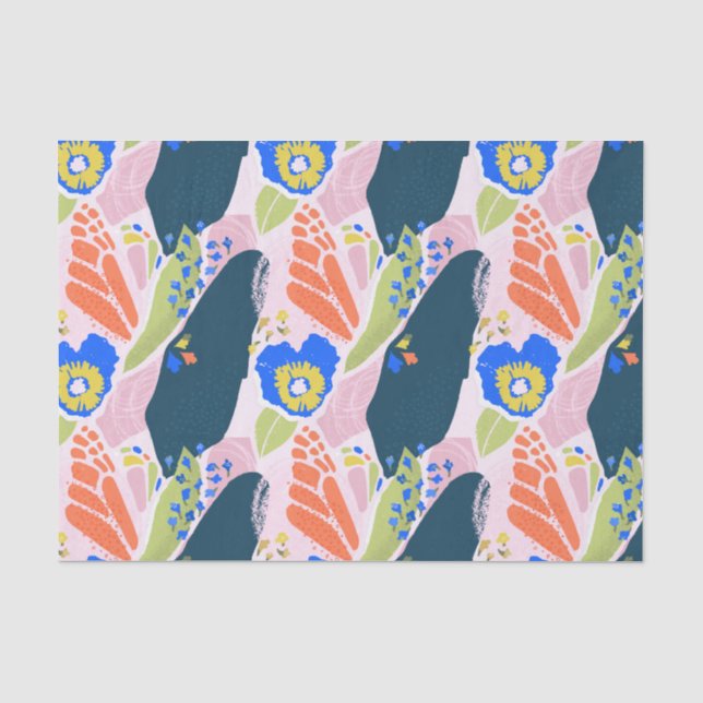 Pretty Abstract Floral Pattern Blue Green Orange Tissue Paper (Front)