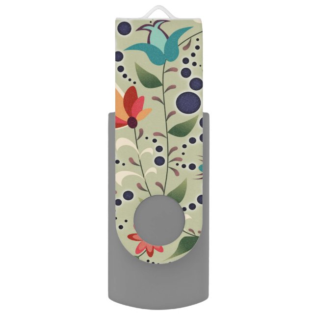 Pretty Abstract Flower Pattern on Sage Green Flash Drive (Front Vertical)