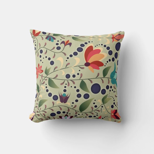 Pretty Abstract Flower Pattern on Sage Green Throw Pillow (Front)