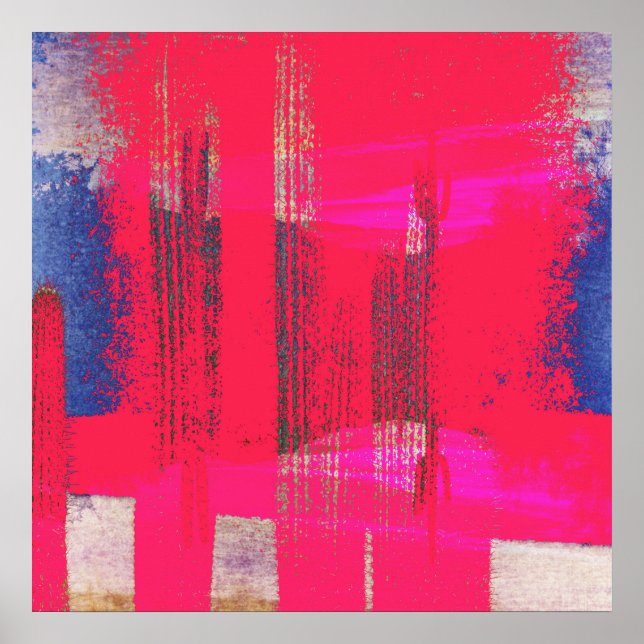 Pretty Abstract Hot Pink Blue Grunge Gold Streaks Poster (Front)