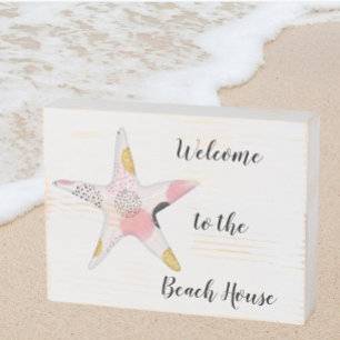 Pretty Abstract Starfish Beach House Wooden Box Sign