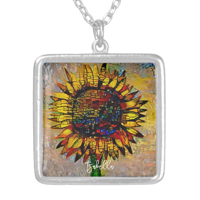 Pretty Abstract Sunflower Painting Silver Plated Necklace (Front)