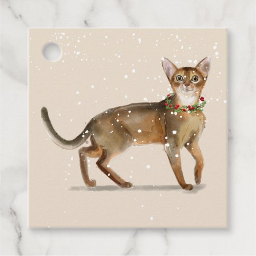 Pretty Abyssinian Cat with a Holly Wreath Gift Tag