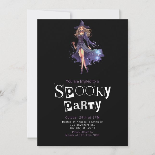 Pretty Adult Witch Blue and Black Halloween Invitation (Front)