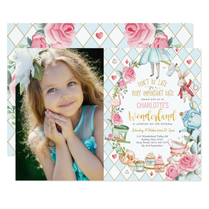 Pretty Alice in Wonderland 1st Birthday Tea Party Invitation