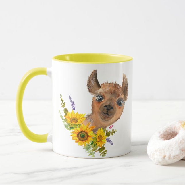 Pretty Alpaca Llama with sunflowers Mug (With Donut)