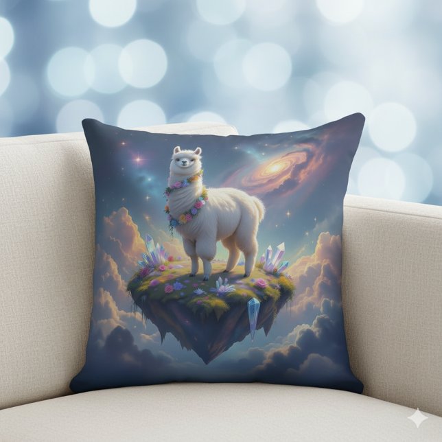 Pretty Alpaca on an Island Floating in the Heavens Throw Pillow (Alpaca on Floating Island in the Night Skies Throw Pillow Cover Photo)
