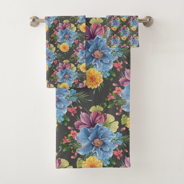 Pretty And  Dark Floral  Bath Towel Set (Insitu)