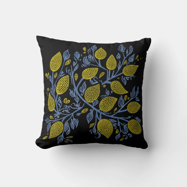 Pretty and delicate blue and yellow lemon vines throw pillow (Front)