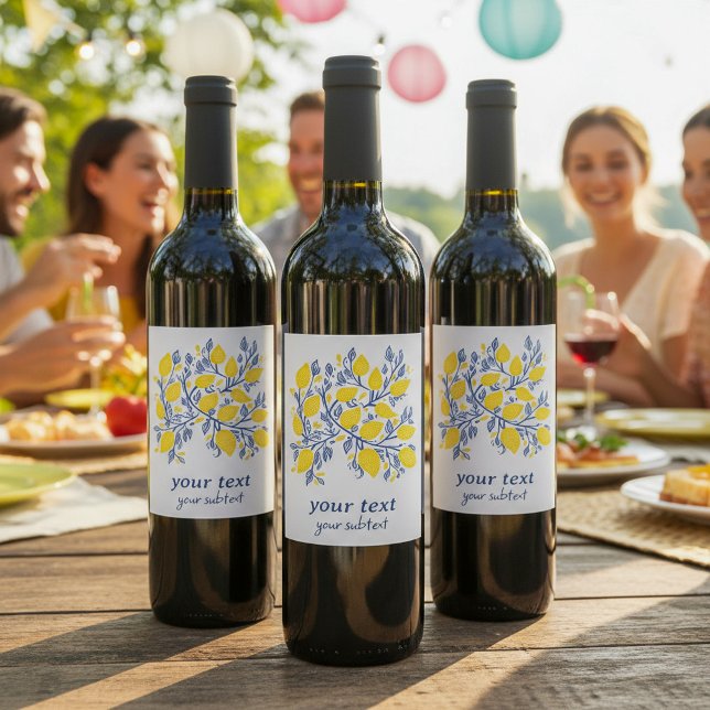 Pretty and delicate blue and yellow lemon vines wine label (Pretty and delicate blue and yellow lemon vines wine label.)