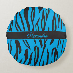 Pretty and Girly Blue and Black Tiger Stripes Round Pillow