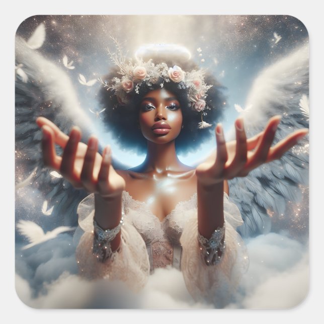 Pretty Angel with Beautiful Wings and Flowers Square Sticker (Front)