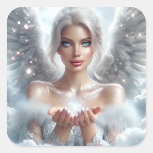 Pretty Angel with Blue Eyes Holding Love and Light Square Sticker