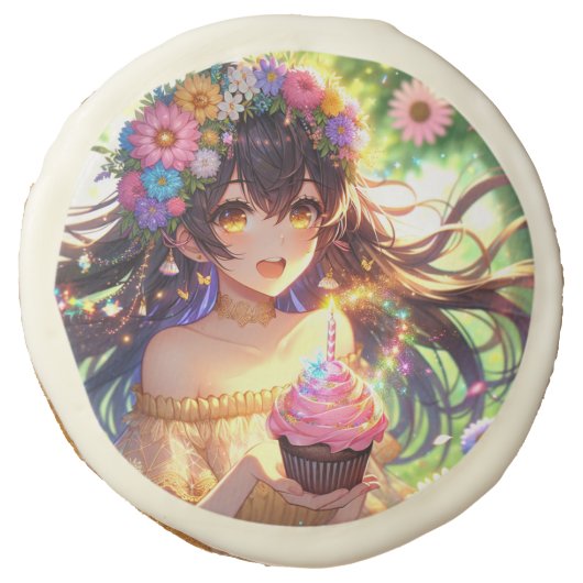 Pretty Anime Birthday Girl Sugar Cookie (Front)