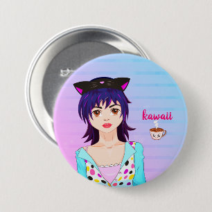 Pretty Anime girl and kawaii cup of coffee Pinback Button