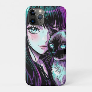 Pretty Anime Girl and Siamese Cat iPhone 11 Pro Case