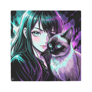 Pretty Anime Girl and Siamese Cat Metal Print