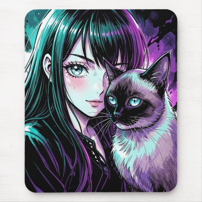 Pretty Anime Girl and Siamese Cat Mouse Pad (Front)