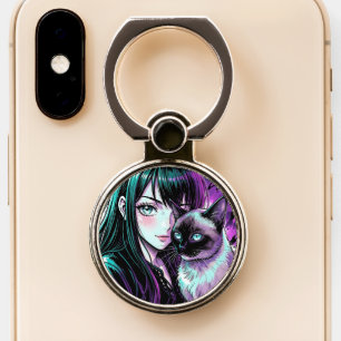 Pretty Anime Girl and Siamese Cat Phone Ring Stand