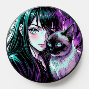 Pretty Anime Girl and Siamese Cat PopSocket