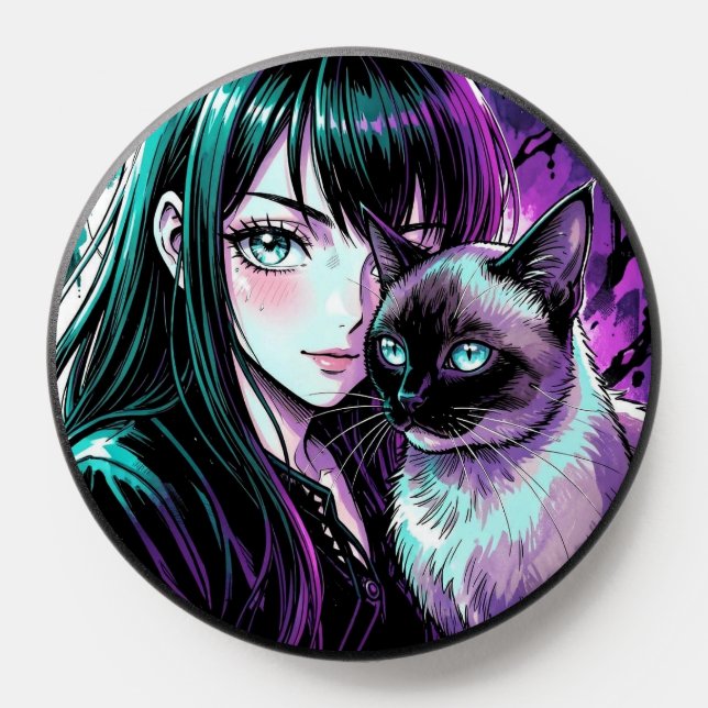 Pretty Anime Girl and Siamese Cat PopSocket (Popsocket)