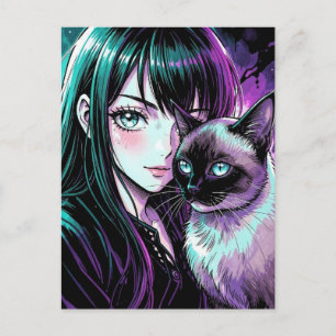 Pretty Anime Girl and Siamese Cat Postcard