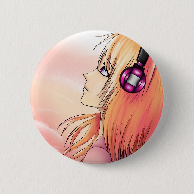 Pretty Anime girl at sunset Button (Front)