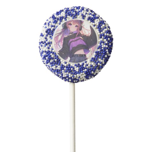 Pretty Anime Girl Birthday Chocolate Covered Oreo Pop (Zoomed)