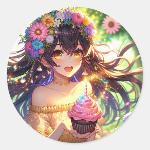 Pretty Anime Girl Birthday  Classic Round Sticker