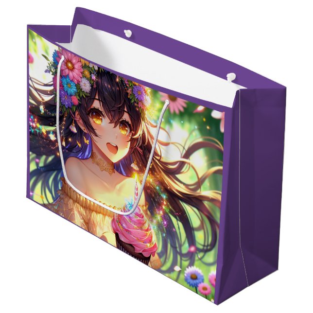 Pretty Anime Girl Birthday  Large Gift Bag (Front Angled)