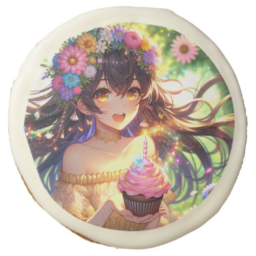 Pretty Anime Girl Birthday  Sugar Cookie