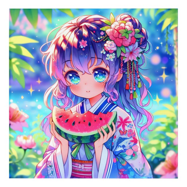 Pretty Anime Girl Eating Watermelon Acrylic Print (Front)