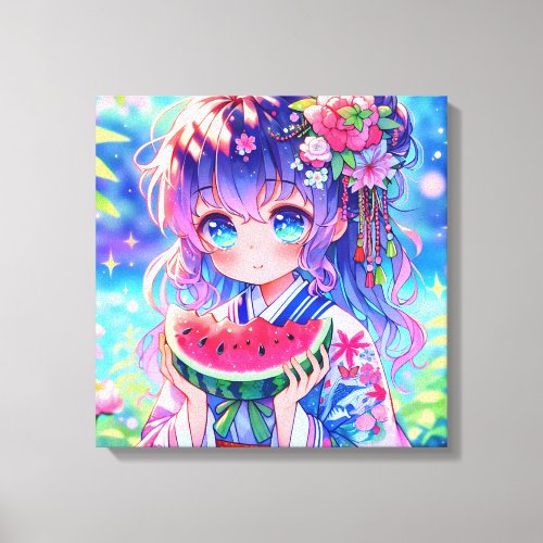 Pretty Anime Girl Eating Watermelon Canvas Print