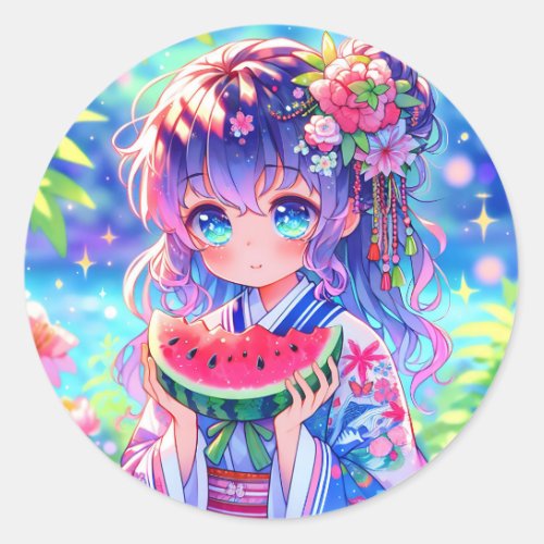 Pretty Anime Girl Eating Watermelon Classic Round Sticker