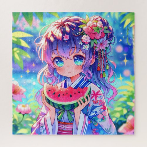 Pretty Anime Girl Eating Watermelon Jigsaw Puzzle