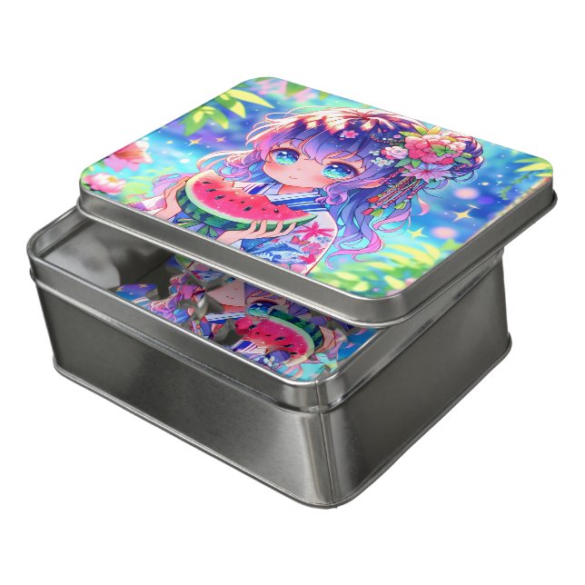 Pretty Anime Girl Eating Watermelon Jigsaw Puzzle (Lid Open)