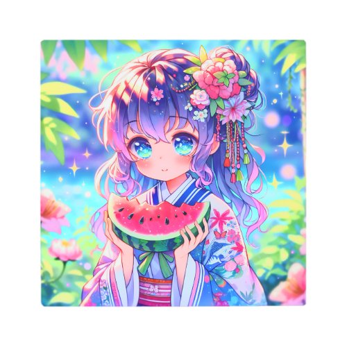 Pretty Anime Girl Eating Watermelon Metal Print